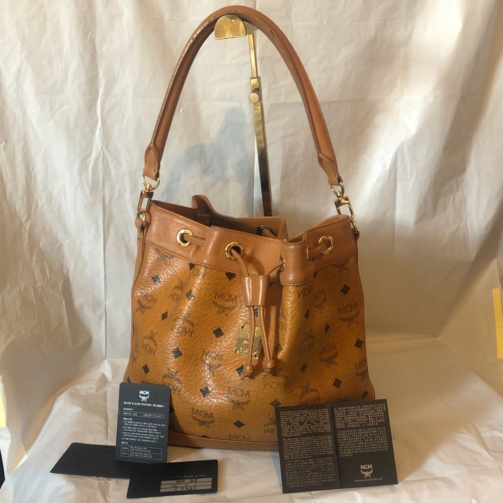 MCM classic signature leather shoulder bag with drawstring & authenticity cards